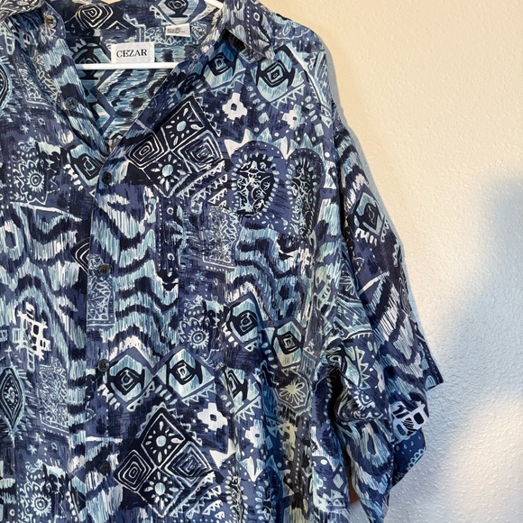 Men's Cezar Blue Patterned 100% Silk Shirt - Picture 1 of 4